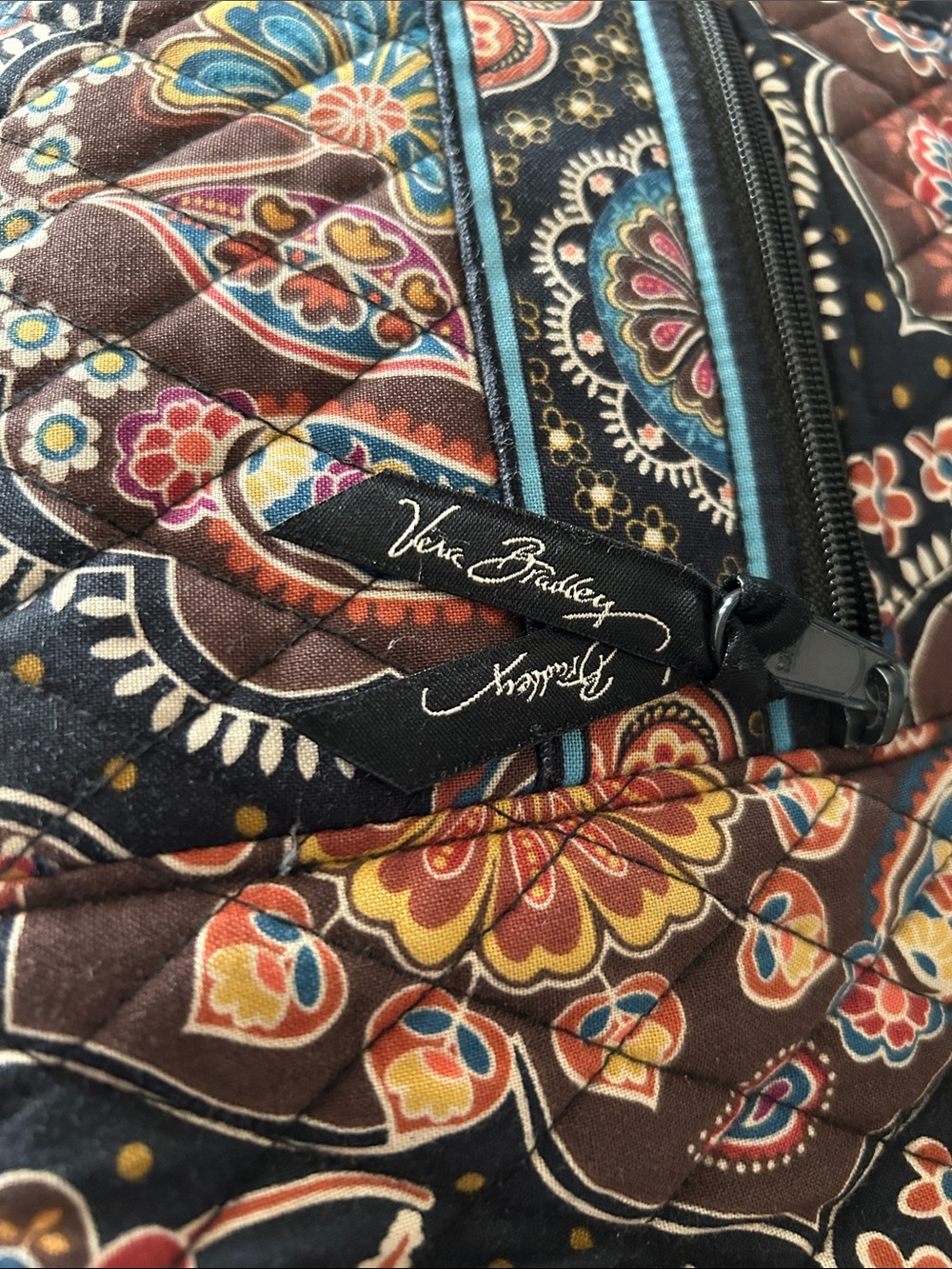 Vera Bradley quilted shoulder purse in browns, turquoise, yellow and black - Picture 3 of 15